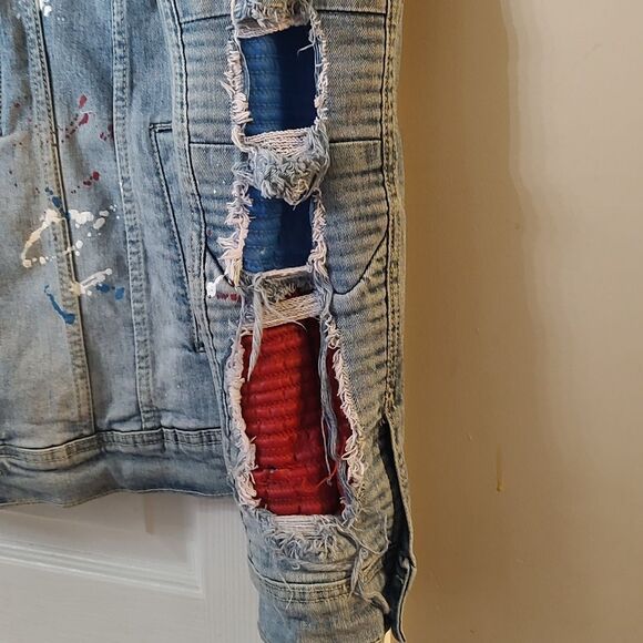 Cooper Rivet distressed denim paint splash jean multi media jacket Sz S - Picture 9 of 11
